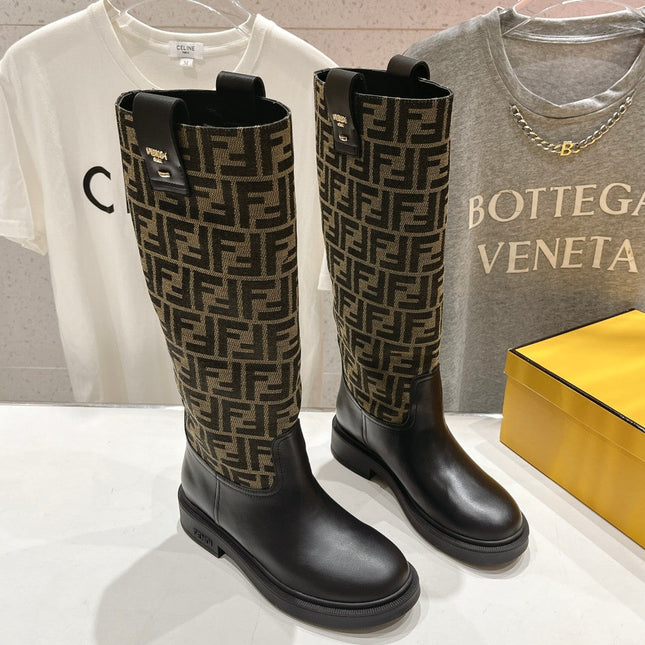 FENDI 25S HIGH BOOTS IN BLACK COWHIDE AND BROWN CANVAS LOGO EMBOSSING