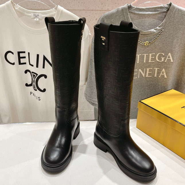 FENDI 25S HIGH BOOTS IN BLACK COWHIDE LOGO EMBOSSING