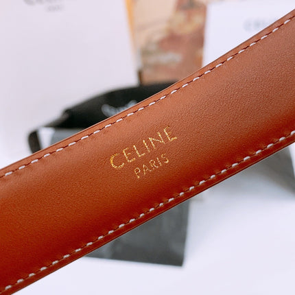 CELINE 25S TRIOMPHE BELT 25MM IN DARK CARAMEL CALFSKIN GOLD HARDWARE 570967