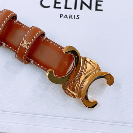 CELINE 25S TRIOMPHE BELT 25MM IN DARK CARAMEL CALFSKIN GOLD HARDWARE 570967
