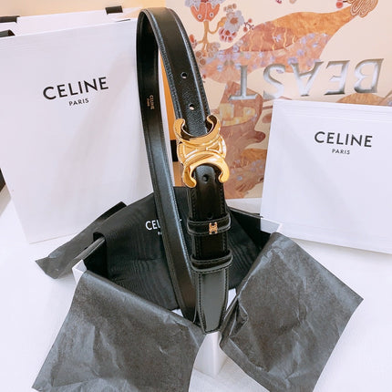 CELINE 25S TRIOMPHE BELT 25MM IN BLACK GLOSSY CALFSKIN GOLD HARDWARE 570968