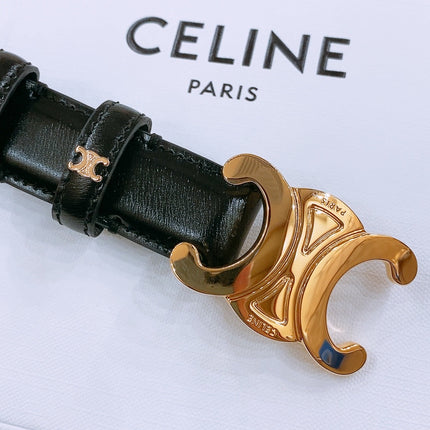 CELINE 25S TRIOMPHE BELT 25MM IN BLACK GLOSSY CALFSKIN GOLD HARDWARE 570968