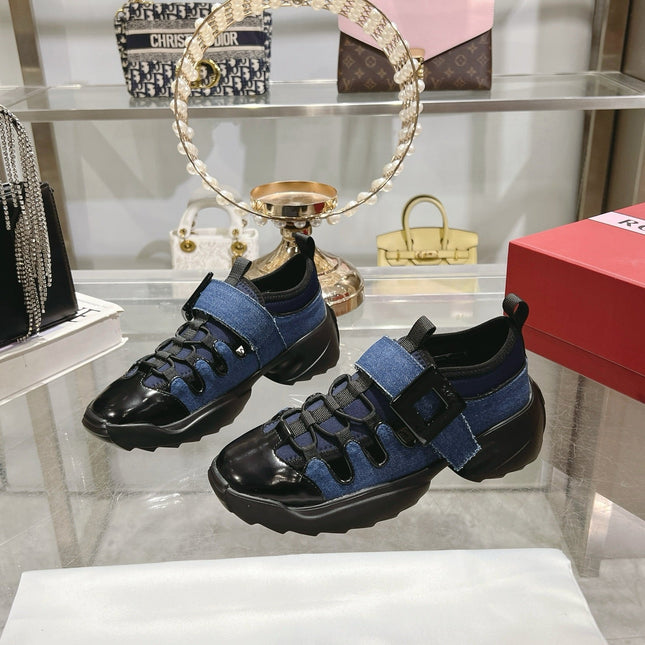 VIV' ON THE RUN TREKKY SNEAKERS IN BLACK CALFSKIN AND BLUE DENIM