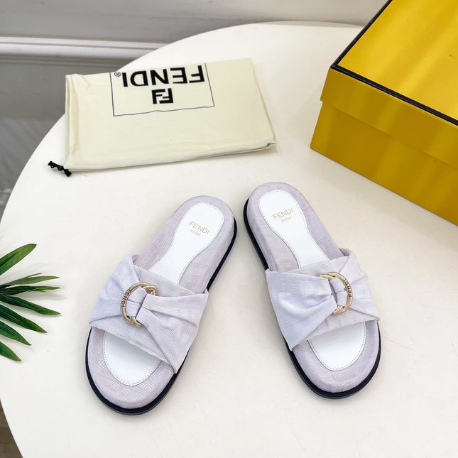 FENDI FLAT SLIPPER IN WHITE JACQUARD FABRIC WITH GOLD HARDWARE