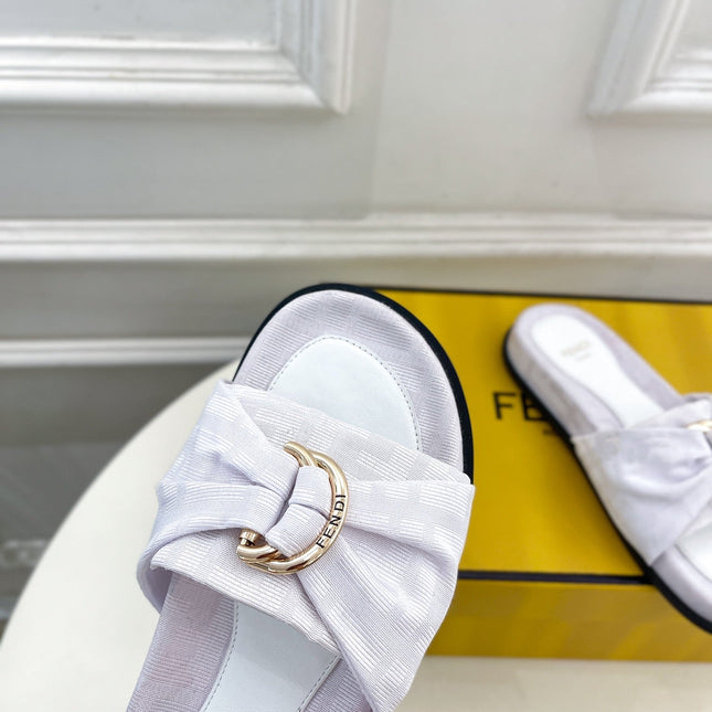 FENDI FLAT SLIPPER IN WHITE JACQUARD FABRIC WITH GOLD HARDWARE