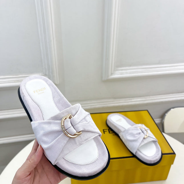 FENDI FLAT SLIPPER IN WHITE JACQUARD FABRIC WITH GOLD HARDWARE