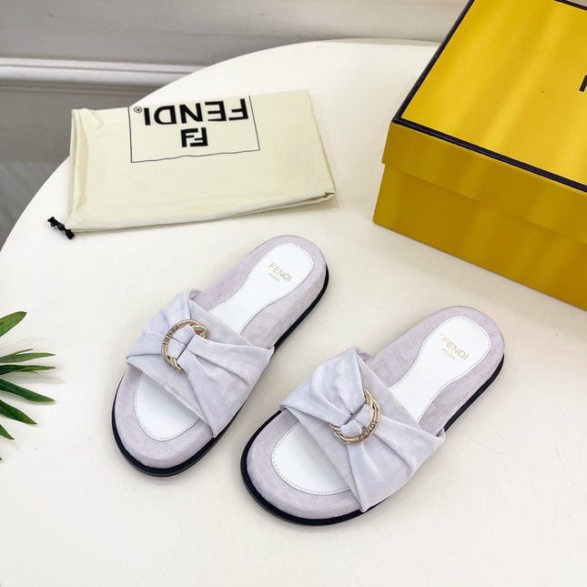 FENDI FLAT SLIPPER IN WHITE JACQUARD FABRIC WITH GOLD HARDWARE