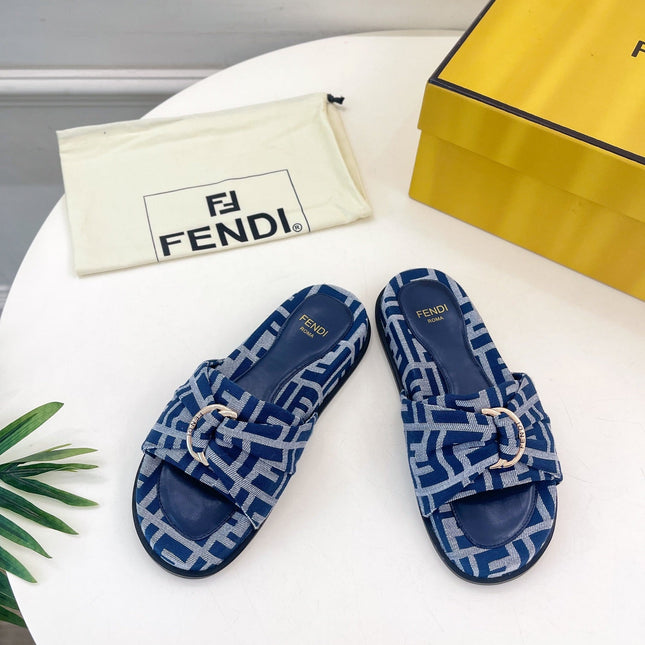FENDI FLAT SLIPPER IN NAVY BLUE MONOGRAM JACQUARD FABRIC WITH GOLD HARDWARE