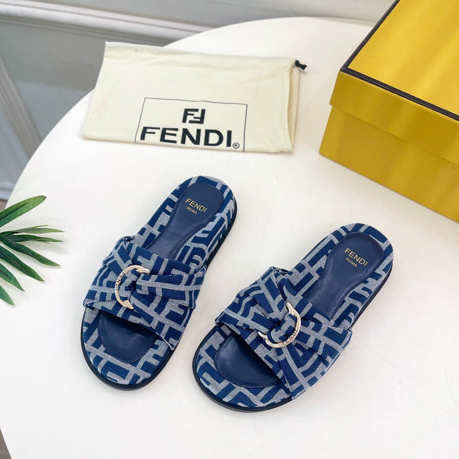 FENDI FLAT SLIPPER IN NAVY BLUE MONOGRAM JACQUARD FABRIC WITH GOLD HARDWARE