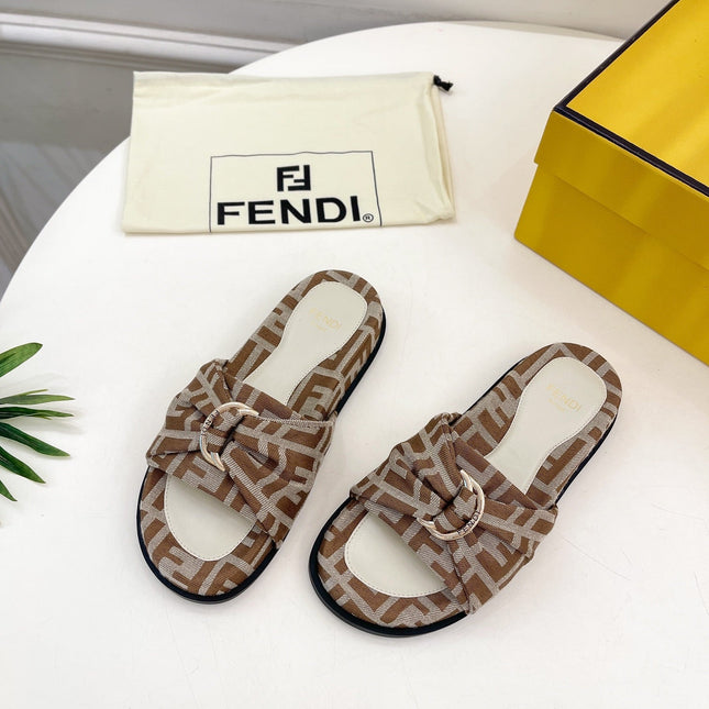 FENDI FLAT SLIPPER IN BROWN MONOGRAM JACQUARD FABRIC WITH GOLD HARDWARE