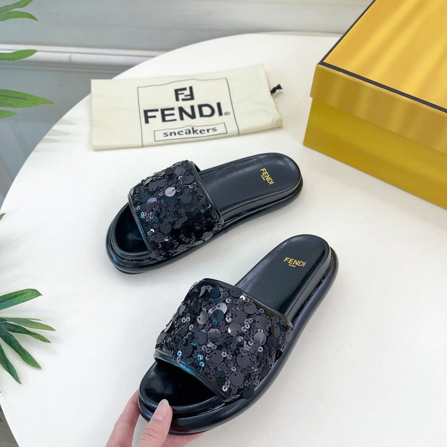 FENDI THICK SOLE 3 CM SEQUIN SLIPPER BLACK