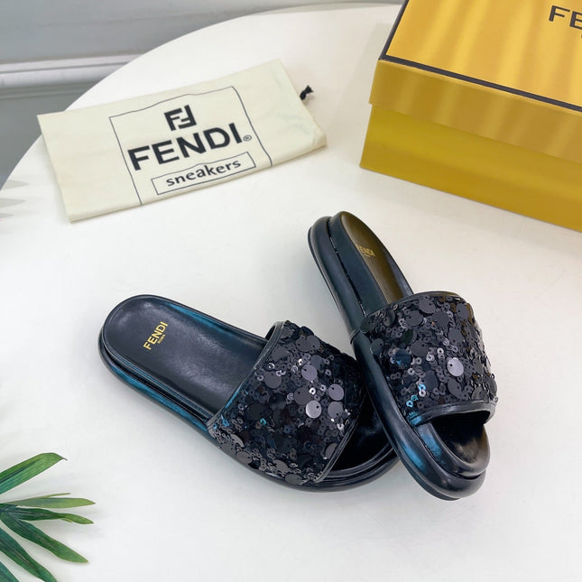 FENDI THICK SOLE 3 CM SEQUIN SLIPPER BLACK
