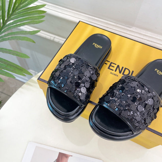 FENDI THICK SOLE 3 CM SEQUIN SLIPPER BLACK