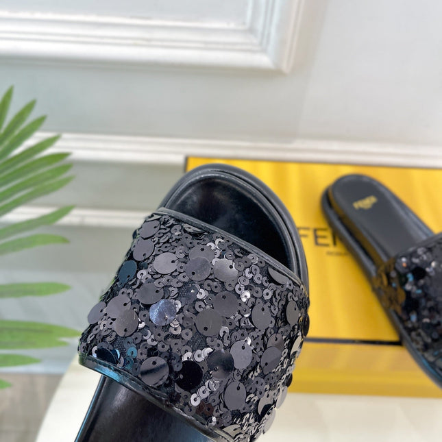 FENDI THICK SOLE 3 CM SEQUIN SLIPPER BLACK
