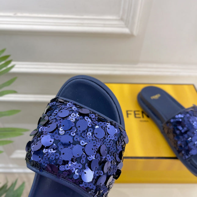 FENDI THICK SOLE 3 CM SEQUIN SLIPPER NAVY BLUE