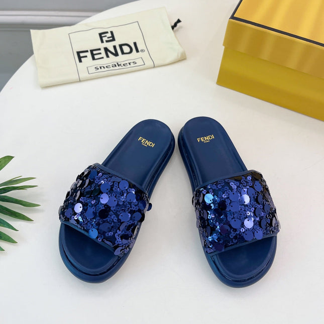 FENDI THICK SOLE 3 CM SEQUIN SLIPPER NAVY BLUE