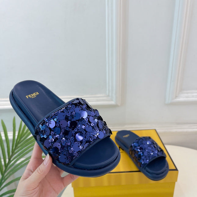 FENDI THICK SOLE 3 CM SEQUIN SLIPPER NAVY BLUE