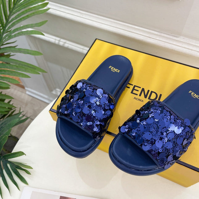 FENDI THICK SOLE 3 CM SEQUIN SLIPPER NAVY BLUE
