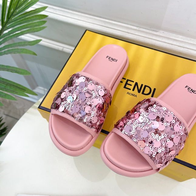 FENDI THICK SOLE 3 CM SEQUIN SLIPPER ROUGH PINK