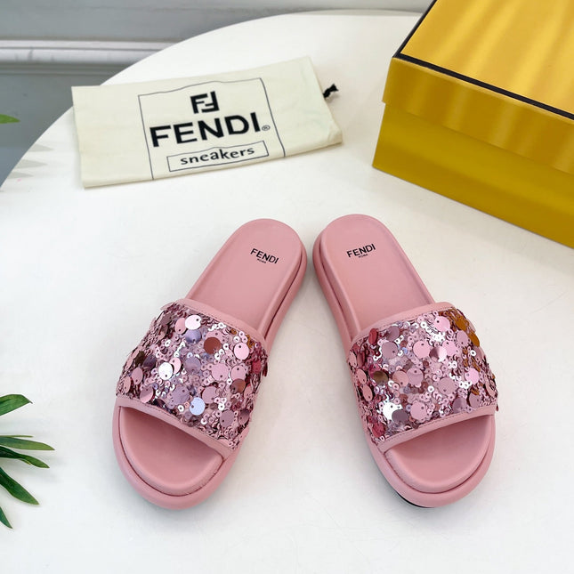 FENDI THICK SOLE 3 CM SEQUIN SLIPPER ROUGH PINK