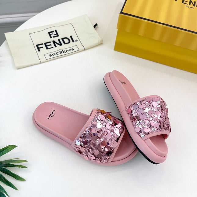 FENDI THICK SOLE 3 CM SEQUIN SLIPPER ROUGH PINK