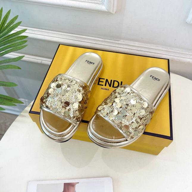 FENDI THICK SOLE 3 CM SEQUIN SLIPPER GOLDEN