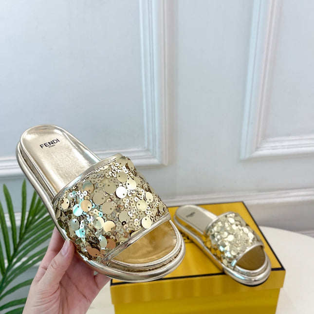FENDI THICK SOLE 3 CM SEQUIN SLIPPER GOLDEN