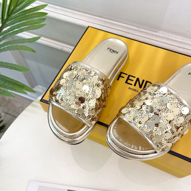 FENDI THICK SOLE 3 CM SEQUIN SLIPPER GOLDEN