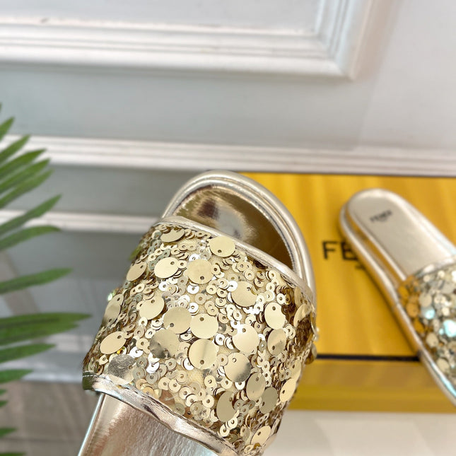 FENDI THICK SOLE 3 CM SEQUIN SLIPPER GOLDEN
