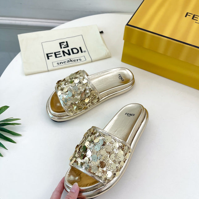 FENDI THICK SOLE 3 CM SEQUIN SLIPPER GOLDEN