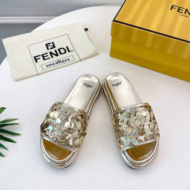 FENDI THICK SOLE 3 CM SEQUIN SLIPPER GOLDEN