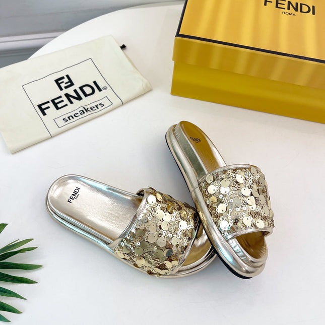 FENDI THICK SOLE 3 CM SEQUIN SLIPPER GOLDEN