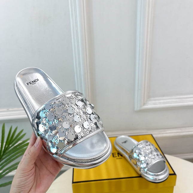 FENDI THICK SOLE 3 CM SEQUIN SLIPPER SILVER