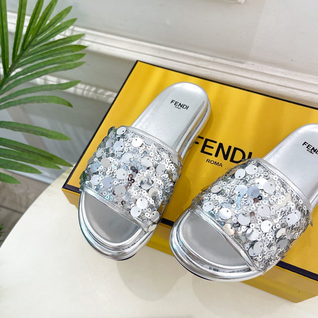 FENDI THICK SOLE 3 CM SEQUIN SLIPPER SILVER