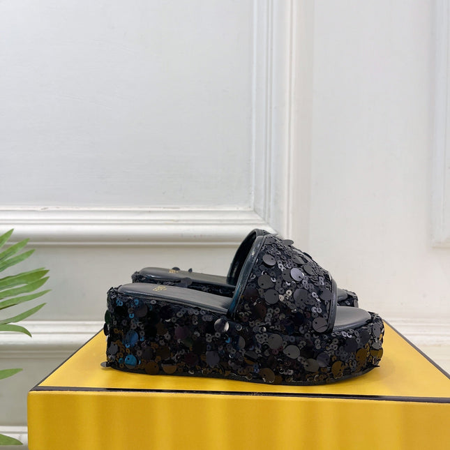 FENDI THICK SOLE 6 CM SEQUIN SLIPPER BLACK