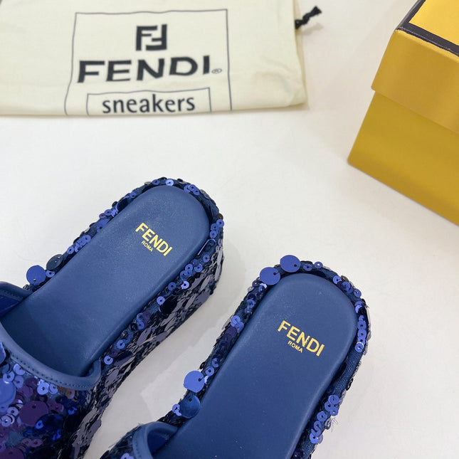 FENDI THICK SOLE 6 CM SEQUIN SLIPPER NAVY BLUE