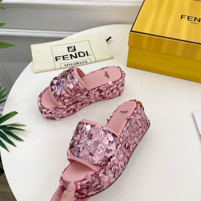 FENDI THICK SOLE 6 CM SEQUIN SLIPPER ROUGH PINK