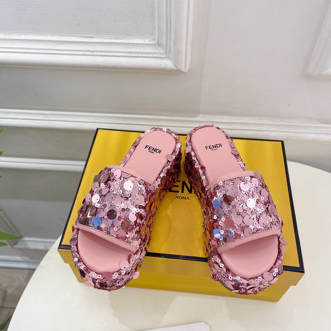 FENDI THICK SOLE 6 CM SEQUIN SLIPPER ROUGH PINK