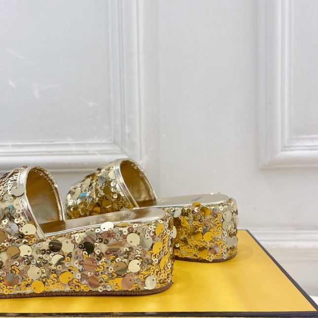 FENDI THICK SOLE 6 CM SEQUIN SLIPPER GOLD