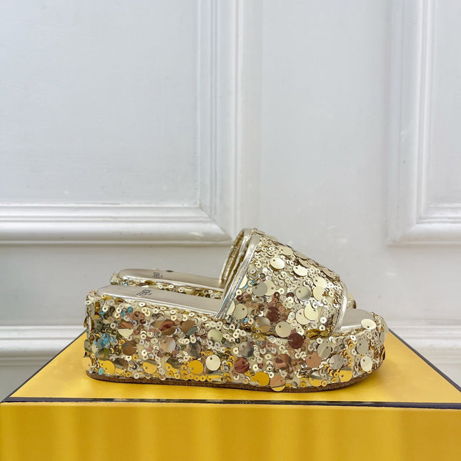 FENDI THICK SOLE 6 CM SEQUIN SLIPPER GOLD