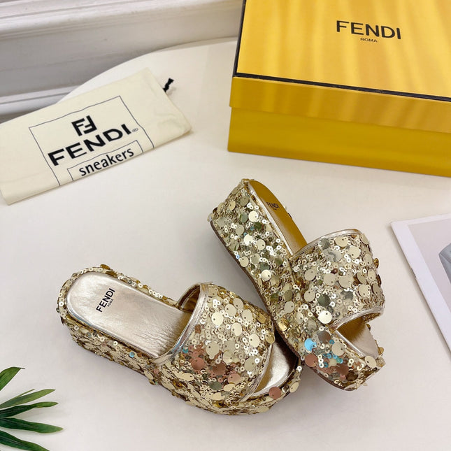 FENDI THICK SOLE 6 CM SEQUIN SLIPPER GOLD
