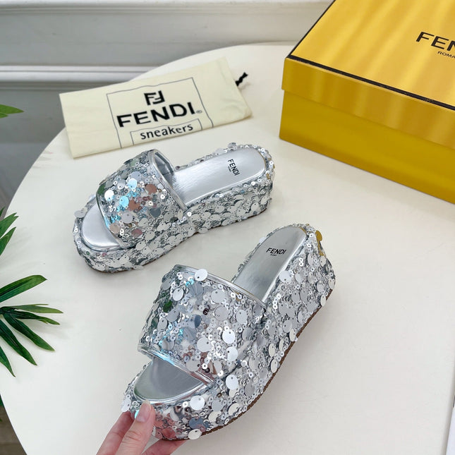 FENDI THICK SOLE 6 CM SEQUIN SLIPPER SILVER