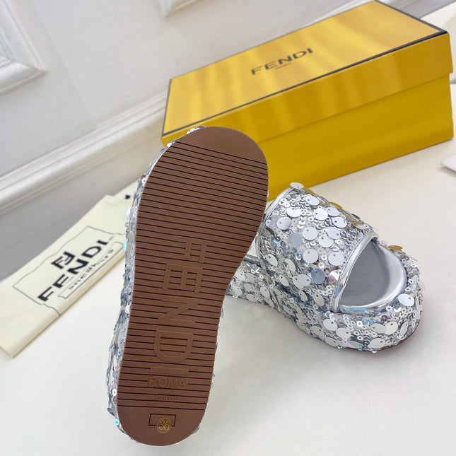 FENDI THICK SOLE 6 CM SEQUIN SLIPPER SILVER