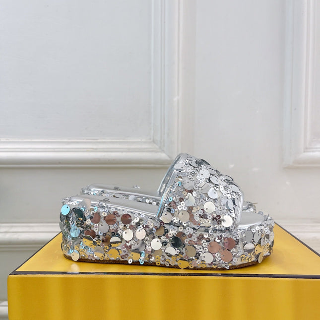 FENDI THICK SOLE 6 CM SEQUIN SLIPPER SILVER
