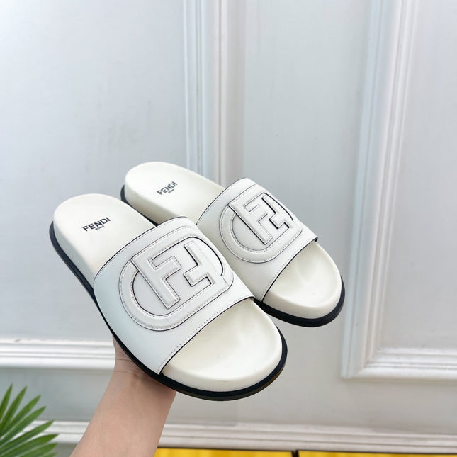 FENDI LOGO SLIDES IN WHITE CALFSKIN