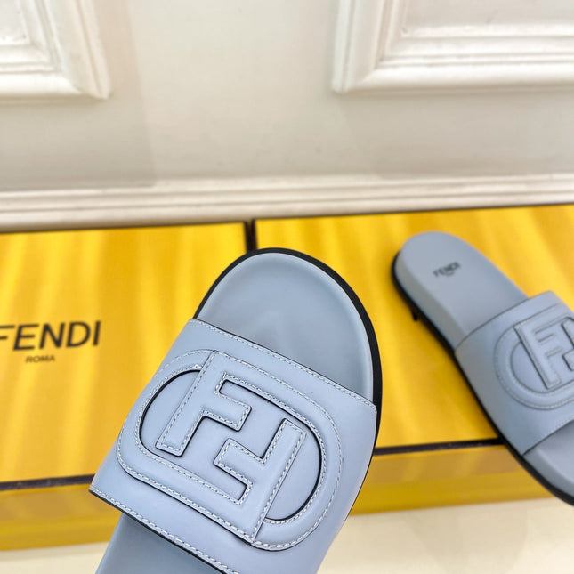 FENDI LOGO SLIDES IN BLUE POWDER CALFSKIN