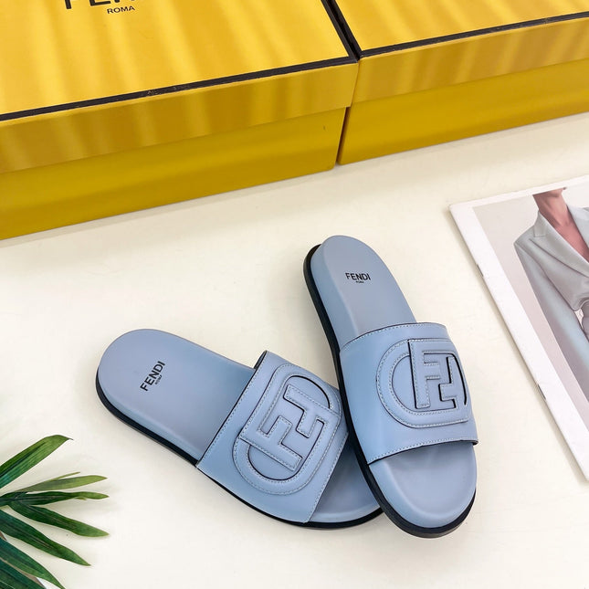 FENDI LOGO SLIDES IN BLUE POWDER CALFSKIN