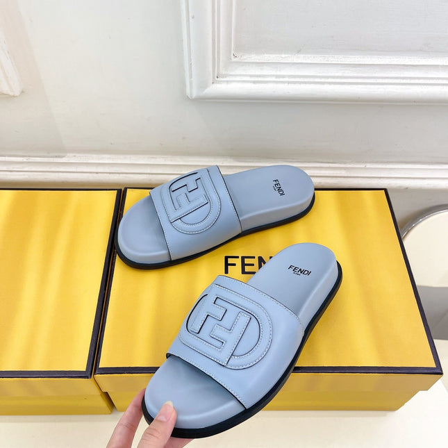 FENDI LOGO SLIDES IN BLUE POWDER CALFSKIN