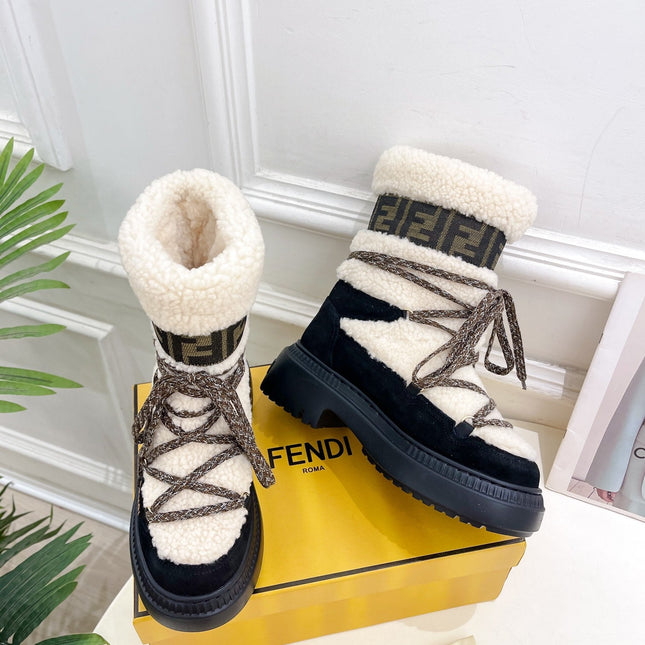 FENDI BOOTS 50MM IN BLACK AND BEIGE SHEARLING AND SUEDE