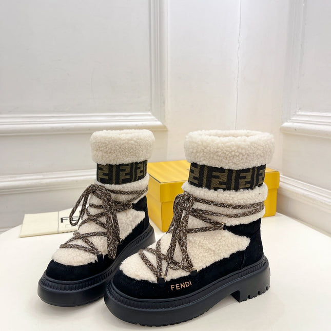 FENDI BOOTS 50MM IN BLACK AND BEIGE SHEARLING AND SUEDE